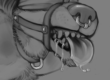 anthro bdsm beard blindfold bodily_fluids collar dripping facial_hair facial_piercing male muzzle_(object) muzzled nose_piercing nose_ring piercing ring_piercing saliva septum_piercing solo teeth tongue tongue_out cubi cubi_(characters) cubi_(wolf) canid canine mammal monochrome