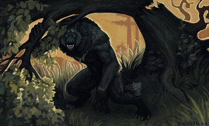 anthro fangs forest fungus fur grass grey_body grey_fur grin male mushroom nature nature_background plant smile solo sunset teeth tree cu_sith_(artist) mythology canid canine canis mammal mythological_canine mythological_creature werecanid werecanine werecreature werewolf wolf hi_res