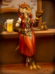 alcohol anthro bar beer beverage bioluminescence biped blue_eyes breasts claws cleavage clothed clothing container cup female food footwear glowing hair horn legwear looking_at_viewer medium_breasts non-mammal_breasts paladin pub red_hair smile socks solo standing tail tattoo teeth toeless_footwear toeless_socks commissar-k dungeons_and_dragons hasbro mythology wizards_of_the_coast aleisandra dragon dragonborn_(dnd) lizard mythological_creature mythological_scalie reptile scalie 2011 absurd_res hi_res