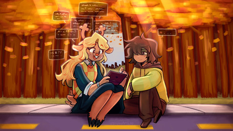 anthro blonde_hair brown_hair clothing duo female forest green_clothing green_shirt green_topwear hair horn male plant road shirt sitting topwear tree stephsartlab deltarune nintendo nintendo_ds nintendo_ds_family undertale_(series) kris_(deltarune) noelle_holiday deer mammal new_world_deer reindeer 2025 hi_res