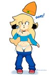 :o anthro blonde_hair blue_bottomwear blue_clothing blue_pants blue_shirt blue_topwear bottomwear bottomwear_down bulge choker clothed clothing curvy_figure dialogue electronics femboy floppy_ears footwear fur hair hat headgear headwear jewelry long_hair looking_at_viewer male microphone navel necklace open_mouth panties pants pants_down panty_bulge partially_clothed sagging_pants shirt shoes solo standing surprised_expression text tight_clothing topwear twitter_logo underwear wardrobe_malfunction white_body white_fur wide_eyed wide_hips somescrub parappa_the_rapper sony_corporation sony_interactive_entertainment twitter parappa parappa_the_trappa canid canine canis domestic_dog mammal english_text hi_res url