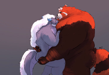 anthro beard belly biceps big_belly big_butt big_muscles big_pecs blush body_hair breasts brown_body brown_fur butt duo facial_hair fur hair hand_on_back hand_on_breast hand_on_butt hand_on_pecs held_by_legs held_up horn hug male male/male musclegut muscular muscular_anthro muscular_male nude overweight overweight_anthro overweight_male pecs simple_background size_difference tail thick_thighs whiskers wide_hips nutdoesart asian_mythology east_asian_mythology mythology sihai's_legacy shen_(sihai's_legacy) ailurid dragon eastern_dragon mammal mythological_creature mythological_scalie red_panda scalie digital_media_(artwork)