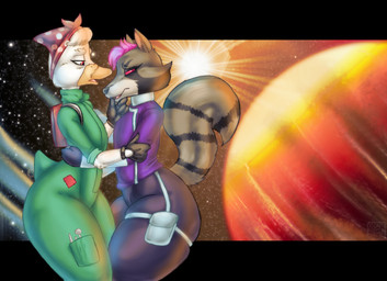 anthro clone clothing duo female hair pink_hair planet space star suit tight_clothing tools wide_hips xtrent968 guardians_of_the_galaxy marvel howard_the_duck linda_the_duck rocket_raccoon shocket_(character) shocket_raccoon anatid anseriform avian bird duck mammal procyonid raccoon 2016 hi_res
