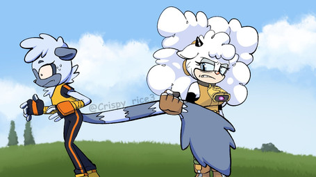 anthro bell bell_collar blue_eyes blue_sclera bodily_fluids clothing collar crispy_rice3 duo female fingerless_gloves fur gloves handwear horn sweat wool_(fur) idw_publishing sega sonic_the_hedgehog_(comics) sonic_the_hedgehog_(idw) sonic_the_hedgehog_(series) lanolin_the_sheep_(sonic) tangle_the_lemur bovid caprine lemur mammal primate sheep strepsirrhine