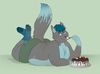 anthro cake clothed clothing cutlery dessert eating food fork kitchen_utensils looking_at_viewer lying male obese obese_anthro obese_male on_front overweight overweight_anthro overweight_male paws simple_background solo tools topless underwear yolany canid canine fox mammal 2019