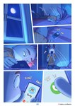 anthro bed faceplant furniture inside male moon night phone_call phone_screen solo text lion21 bucky_(lion21) dave_(lion21) lagomorph leporid mammal procyonid rabbit raccoon comic hi_res url