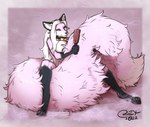 anthro big_breasts big_tail breasts brush female fluffy fur hair huge_tail long_hair nude pink_body pink_fur sitting smile solo tail white_hair blokfort cerine_(vulpinehero) canid canine fox mammal 2022