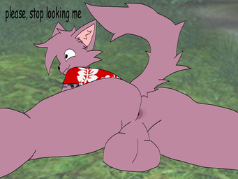 aloha_shirt aloha_shirt_only anthro anus backsack balls bottomless butt butt_focus clothed clothing femboy forest genitals jungle male male/male partially_clothed pattern_clothing pattern_shirt pattern_topwear penis plant seductive shirt shirt_only solo tail text topwear topwear_only tree wide_hips raganlier jack_carver felid feline mammal 4:3 english_text hi_res
