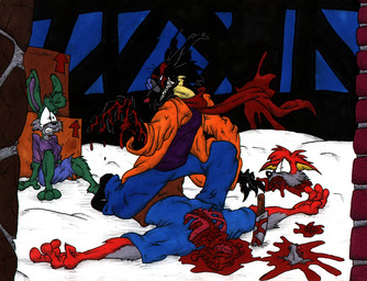 anthro assault barefoot black_body black_fur blood blood_drip blood_from_neck blood_on_face blood_on_ground blood_on_hand blood_on_knife blood_on_weapon blood_splatter blue_eyes bodily_fluids bone bottomwear brick_wall cheek_tuft claws clenched_teeth clothing coat corpse countershade_neck countershading crying death decapitation denim denim_bottomwear denim_clothing dripping evil_face evil_look excessive_blood exposed_bone exposed_rib_cage eyewear facial_tuft feet female footwear fur glasses gore green_body green_fur group guts gutspill headless intestines jeans killing kneeling knife looking_at_another male murderer night on_one_knee orange_body orange_fur organs pants pince-nez pose red_scarf rib_cage ribs scared scarf serial_killer severed_body_part severed_head sharp_teeth shoes shorts snow sweater tears teeth topwear trenchcoat trio tuft wall_(structure) warehouse weapon winter david_hopkins jack_salem canid canine gulonine lagomorph leporid mammal marten mustelid musteline rabbit sable_(marten) 2001