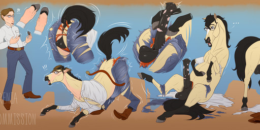 animal_genitalia animal_penis balls belt belt_buckle black_balls black_mane black_penis black_tail blonde_hair blue_bottomwear blue_clothing blue_eyes blue_jeans blue_pants blue_sky blush bodily_fluids boots bottomwear brown_belt brown_boots brown_clothing brown_footwear buckle close-up clothing cowboy_boots denim denim_bottomwear denim_clothing dots ellipsis equine_balls equine_genitalia equine_penis erection exclamation_point eyewear facial_markings feral footwear fur genital_growth genitals glasses growing growing_out_of_clothes growth hair head_markings heart_symbol hoof_growth hooves human_to_feral jeans leg_markings looking_at_viewer male mane markings motion_lines mountain open_mouth pants penis penis_growth question_mark shirt shoes simple_background sky smile snout snout_growth solo species_transformation spots spotted_genitalia spotted_penis spread_legs spreading standing tail tail_growth topwear torn_bottomwear torn_clothing torn_jeans torn_pants torn_underwear transformation transformation_sequence underwear wearing_glasses white_clothing white_shirt white_topwear yellow_body yellow_fur drenia equid equine horse human mammal 2025 colored digital_drawing_(artwork) digital_media_(artwork) flat_colors hi_res sequence signature watermark