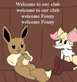 ambiguous_gender anthro black_eyes black_nose brown_background brown_body brown_fur clapping dialogue dipstick_tail duo feral fluffy fluffy_tail fur happy inner_ear_fluff looking_at_another male markings neck_tuft open_mouth paws red_body red_fur simple_background sitting tail tail_markings tan_body tan_fur text tuft welcoming white_body white_fur white_text yellow_body yellow_fur richard_roe nickelodeon nintendo pokemon spongebob_squarepants braixen eevee generation_1_pokemon generation_6_pokemon pokemon_(species) 2025 digital_media_(artwork) english_text low_res pixel_(artwork)