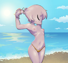 areola beach bikini blush blush_lines breasts clothed clothing crotch_tuft detailed_background eyes_closed female fur fur_tuft gold_bikini gold_swimwear hair navel nipples pink_areola pink_nipples ponytail purple_body purple_fur sea short_hair sky small_breasts solo standing swimwear topless tuft two-piece_swimsuit tying_hair wardrobe_malfunction water water_drop ghoulshoot golden_week ghoul_(ghoulshoot) humanoid unknown_species hi_res shaded