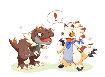 anthro brown_body brown_eyes claws countershading duo exclamation_point feral grey_body grey_countershading kerchief male neckerchief neckwear open_mouth open_smile simple_background smile tail teeth white_background white_body yellow_eyes siestingtime bandai_namco digimon nintendo pokemon digimon_(species) fossil_pokemon gammamon generation_6_pokemon pokemon_(species) tyrunt