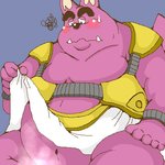 anthro belly black_nose blush clothed clothing cute_fangs fur kemono male navel overweight overweight_anthro overweight_male purple_body purple_fur simple_background sitting solo figaro_(artist) dragon_quest square_enix dodonga canid canine mammal 1:1 2004 archived_source digital_media_(artwork) low_res oekaki