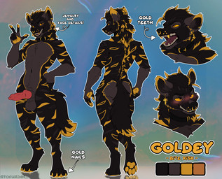 animal_genitalia animal_penis anthro balls black_balls black_body black_fur black_tail canine_genitalia canine_penis ear_piercing ear_ring facial_piercing fur genitals gold_(metal) gold_tooth golden_claws golden_pawpads golden_tail_tip male nose_piercing nose_ring penis piercing ring_piercing sheath solo tail teeth text yellow_eyes tofuzinn hyena mammal english_text hi_res model_sheet
