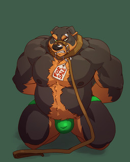 anthro bdsm belly belt biped black_body black_fur black_nose body_hair bondage bound brown_body brown_fur bulge chest_hair clenched_teeth clothed clothing collar eyebrow_piercing eyebrows facial_piercing for_sale fur green_background green_eyes hands_behind_back happy_trail kneeling leash lip_piercing male multicolored_body multicolored_fur muzzle_(object) muzzled nipples obese obese_anthro obese_male orange_body orange_fur overweight overweight_anthro overweight_male pecs piercing sharp_teeth simple_background solo submissive submissive_male teeth text thong topless two_tone_body two_tone_fur underwear taoren nevarrio canid canine canis domestic_dog mammal mastiff molosser rottweiler 2016 english_text