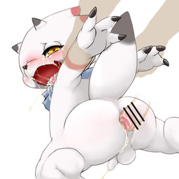 anal anthro anthro_focus arm_pull balls blush bodily_fluids censored_genitalia censored_penis cum cum_in_ass cum_inside cum_while_penetrated digiphilia duo erection from_behind_position genital_fluids genitals interspecies male male/male male_penetrated male_penetrating male_penetrating_male orgasm penetration penis prison_guard_position sex white_body yellow_eyes young young_anthro young_male akikan bandai_namco digimon digimon_ghost_game digimon_(species) gammamon human mammal scalie 1:1 censored