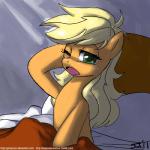 1:1 applejack_(mlp) bed blonde_hair digital_media_(artwork) earth_pony equid equine eyelashes female feral freckles friendship_is_magic fur furniture green_eyes hair hasbro horse john_joseco looking_at_viewer mammal my_little_pony open_mouth orange_body orange_fur pillow pony shaded solo text tired tongue url yawn
