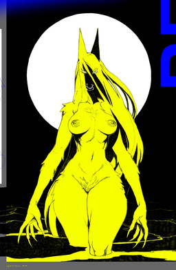 anthro barely_visible_genitalia barely_visible_vulva blonde_hair breasts claws crotch_tuft curvy_figure female female_anthro finger_claws fur genitals hair hourglass_figure long_claws long_hair moon nipples partially_submerged small_waist solo thick_thighs tuft vulva wide_hips yellow_body yellow_claws yellow_eyes yellow_fur yellow_nipples nextel mammal monster hi_res