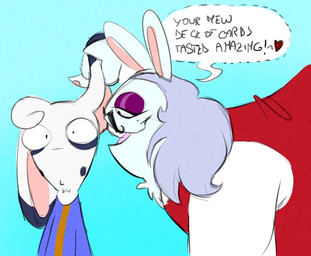 4_fingers anthro black_ear_tips black_eyes black_facial_hair black_mustache blue_background blue_clothing blue_shirt blue_topwear cheek_markings clothing curly_hair dialogue dipstick_ears duo ear_markings exclamation_point facial_hair facial_markings fingers floppy_ears fur grey_hair hair hand_pawpads head_markings heart_symbol holding_ear larger_anthro larger_male leaning leaning_forward long_ears looking_at_viewer lop_ears male male_anthro markings medium_hair mouth_closed multicolored_body multicolored_ears multicolored_fur mustache no_eyebrows noseless open_mouth open_smile pawpads pink_tongue purple_eyelids red_clothing red_shirt red_tank_top red_topwear shirt short_hair simple_background size_difference smaller_anthro smaller_male smile smiling_at_another speech_bubble tan_inner_ear tan_pawpads tank_top text tongue topwear two_tone_body two_tone_fur whispering whispering_in_ear white_body white_fur white_hair wide_eyed randomrabbidramblings mario_bros mario_plus_rabbids_kingdom_battle mario_plus_rabbids_sparks_of_hope nintendo raving_rabbids rayman_(series) ubisoft alabaster_(randomrabbidramblings) fan_character phantom_of_the_bwahpera ghost hybrid lagomorph mammal rabbid spirit 2025 colored crossover digital_drawing_(artwork) digital_media_(artwork) english_description english_text flat_colors
