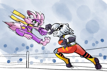 anthro duo feet female fight imminent_grab imminent_kick paws ring keroberry1 bailey_rosworth fernet_(keroberry1) bear felid feline mammal 2022 hi_res