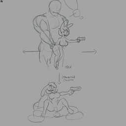 anthro big_breasts big_butt breasts butt cowgirl_position duo female from_front_position genitals grabbing_from_behind gun hair handgun looking_back male male/female on_bottom on_top penis pistol ranged_weapon reverse_cowgirl_position sex short_hair simple_background size_difference smaller_female weapon wide_hips cuadraws maddie_(cuadraws) humanoid lagomorph leporid mammal orc rabbit 1:1 hi_res sketch