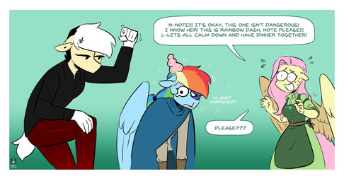 anthro apron black_eye_(injury) blood bodily_fluids border bruised clothing cross-popping_vein dialogue female group hair multicolored_hair nosebleed pink_hair pink_tail poncho rainbow_hair tail tears text trio white_border white_hair white_tail wings yellow_body redxbacon friendship_is_magic hasbro my_little_pony mythology fan_character fluttershy_(mlp) note_clip_(redxbacon) rainbow_dash_(mlp) earth_pony equid equine horse mammal mythological_creature mythological_equine pegasus pony english_text hi_res
