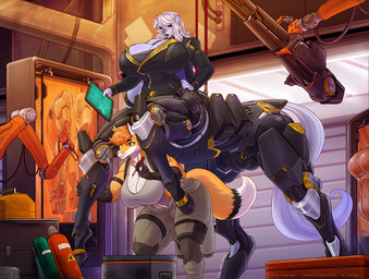 anthro big_breasts breasts bulge cleavage clothed clothing cybernetics duo garage gynomorph intersex machine mechanic overalls science_fiction tablet_computer wmdiscovery93 arson_fox_(character) marius_(fursona) marius_(mariustheotter) canid canine fox mammal mustelid otter taur digital_media_(artwork) hi_res