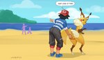 anthro ash's_pikachu ash_ketchum butt butt_grab duo_focus female generation_1_pokemon group hand_on_butt human humor joke male male/female mammal nintendo pikachessa pikachu pokemon pokemon_(species) sea seaside semi-anthro smolevn squeezing water