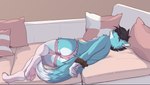 anthro arms_tied bdsm black_hair blue_body blue_eyes bound clothing feet femboy fluffy fluffy_tail foot_fetish foot_focus furniture hair legwear male panties pawpads paws pillow sofa solo stockings tail teeth underwear drkot gemonous canid canine mammal hi_res