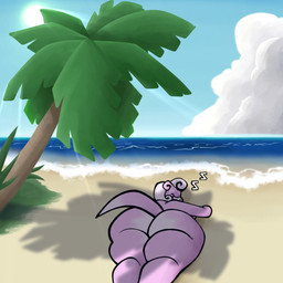 anthro beach big_butt butt cloud eyelashes eyes_closed female hair huge_butt lying on_front palm_tree pink_body plant rear_view sea short_hair sky sleeping solo sun thick_thighs tree water white_hair wide_hips gallo_wazavi nintendo pokemon generation_1_pokemon pokemon_(species) slowpoke 1:1 hi_res