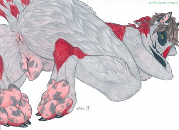 4_toes anatomically_correct anatomically_correct_genitalia anatomically_correct_vulva animal_genitalia animal_vulva anthro anus biped black_claws breasts brown_hair butt canine_genitalia canine_vulva claws clitoris digitigrade feet female foot_focus fur genitals green_eyes grey_body grey_fur hair hand_behind_head hanging_breasts hindpaw holding_neck looking_at_viewer looking_back lying markings mottled mottled_anus mottled_genitalia mottled_pawpads mottled_vulva nude on_front pawpads paws presenting presenting_anus presenting_hindquarters presenting_vulva raised_tail rear_view red_markings short_hair simple_background soles solo tail text toes vulva whiskers white_background toots bull_terrier canid canine canis domestic_dog hunting_dog mammal terrier 2013 dated guide_lines traditional_media_(artwork) url