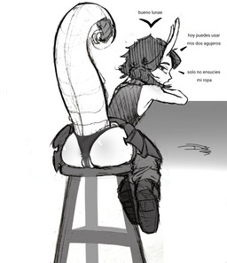anus_slip bottomwear chair clothed clothing female furniture horn on_chair raised_bottomwear raised_clothing raised_skirt raised_tail sitting sitting_on_chair skirt solo tail teasing text amygdalaonpoint deltart horned_humanoid humanoid hybrid mammal absurd_res hi_res spanish_text translated