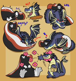 3_fingers 3_toes annoyed basket belly bite black_body blue_body blue_eyes chomp container cuddling dialogue dirt duo exclamation_point feet feral fingers flower flower_crown flower_on_head frill_(anatomy) greeting humor male multicolored_body nom pink_flower plant pop_(sound_effect) question_mark questioning red_eyes silly simple_background simple_eyes sleeping sleeping_on_another sleeping_together sound_effects surprised surprised_eyes surprised_face surprised_look tan_underbelly teeth teeth_showing text throwing throwing_object toes toony toony_expression toony_eyes tossing underbelly vowelless vowelless_sound_effect white_feet white_hands zzz sigdowee mythology raptore_(raptoreo) snapshot_(the_one_and_only_snapshot) dinosaur dragon hybrid mythological_creature mythological_scalie prehistoric_species reptile saurischian scalie spinosaurid spinosaurus theropod tyrannosaurid tyrannosauroid tyrannosaurus tyrannosaurus_rex