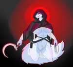 abs anthro big_breasts black_cloak black_clothing bottomless breasts cloak clothed clothing crossgender dual_wielding female fur grey_body grey_fur holding_object holding_weapon melee_weapon mtf_crossgender muscular muscular_anthro nipple_outline red_eyes sickle smile solo teeth weapon mangakitsune2 dreamworks puss_in_boots_(franchise) death_(puss_in_boots) canid canine canis mammal wolf hi_res