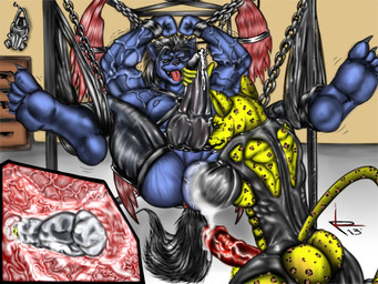 animal_genitalia animal_penis anthro bdsm bodily_fluids bondage bound canine_genitalia canine_penis cum dominant dominant_male duo erection feet fisting gas_mask genital_fluids genitals internal latex leather male male/male mask penetration penis sex_swing submissive submissive_male rubberkitten jacob_wolfwing rubberkitten_(character) canid canine canis felid leopard mammal pantherine wolf 4:3