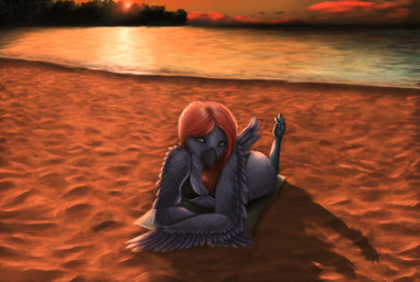 anthro beach beak bikini clothing cloud detailed_background feathers feet female hair outside red_hair sand seaside seductive solo sunset swimwear talons toes towel two-piece_swimsuit water thousandfoldfeathers annie_(girokett) avian bird hi_res