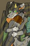 anthro black_nails blep brown_hair colored_nails cuddling duo fur green_eyes grey_body grey_fur hair holding_partner horn looking_at_another male nails red_eyes sunset tail tongue tongue_out white_paws winking_at_partner 2001maxx conditional_dnp mythology dawnsnout_smootheye maxx_(2001maxx) canid canine canis domestic_dog dragon husky jellydragon mammal mythological_creature mythological_scalie nordic_sled_dog scalie spitz absurd_res hi_res