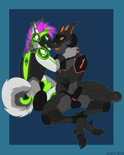animal_genitalia animal_penis anthro black_body black_penis canine_genitalia canine_penis cybernetics duo genitals glowing glowing_genitalia glowing_penis green_penis grey_body humanoid_genitalia humanoid_penis machine male male/male penis sitting tail casparr lucke android cyborg protogen robot synth_(vader-san) hi_res