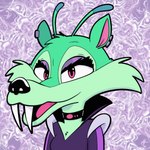 antennae_(anatomy) black_nose bodysuit choker clothing ear_piercing ear_ring fangs female fur green_body green_fur jewelry necklace piercing pink_eyes purple_bodysuit purple_clothing purple_skinsuit ring_piercing sabertooth_(anatomy) skinsuit teeth tight_clothing trevor-fox blue_sky_studios ice_age_(series) scratazon_leader alien scratazon animated