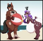 anthro antlers ball beach beach_ball belly big_belly big_breasts bikini black_hair body_hair breasts brown_body brown_fur chest_hair clothing duo ear_piercing ear_ring female fur hair hooves horn inflatable male markings multicolored_body multicolored_fur muscular muscular_anthro muscular_male one_eye_obstructed piercing pregnant pregnant_anthro pregnant_female purple_hair ring_piercing seaside smile spots spotted_body spotted_fur swimwear thong two-piece_swimsuit two_tone_body two_tone_fur underwear water deonwolf ashton_(familiarsaint) dominique_(louis_lerouxgarou) cervine deer equid equine horse mammal visayan_spotted_deer 2020 digital_media_(artwork) hi_res