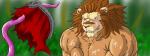 anthro assisted_exposure big_muscles blush bodily_fluids cum duo facial_scar genital_fluids humiliation male muscular pecs scar tentacles tamineko red_earth leo_(red_earth) felid lion mammal pantherine