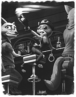 alcohol anthro beverage bottomwear clothing curvy_figure detective drinking electroshock_weapon eyewear female group male male/female noir nude police police_officer pose pub shorts skinny sunglasses taser trio uniform weapon zootopia_shorts zootopiafication laguni disney zootopia judy_hopps manchas nick_wilde canid canine domestic_cat felid feline felis fox lagomorph leporid mammal pantherine rabbit hi_res monochrome painting_(artwork) pinup watercolor_(artwork)