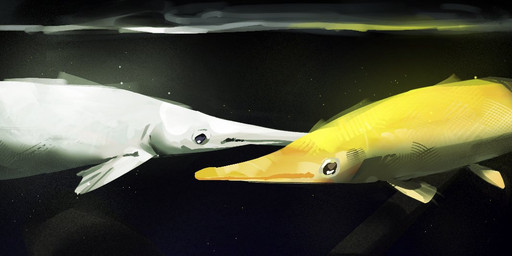 bubble duo feral front_view mouth_closed pectoral_fin round_eyes underwater water white_body yellow_body rekkadraws aquatic fish gar_(fish) 2026 digital_media_(artwork) digital_painting_(artwork) painting_(artwork) portrait