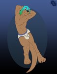 anthro black_nose blue_hair blue_seam_briefs blue_seam_underwear briefs briefs_only brown_body brown_fur bulge claws clothed clothing colored_seam_underwear digitigrade femboy fur green_hair hair hands_behind_head heterochromia looking_at_viewer male smile solo teal_hair tighty_whities toe_claws topless topless_male underwear underwear_only white_briefs white_clothing white_underwear nenanauso mammal mustelid otter