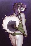 2:3 anthro breasts butt canid canine canis clothed clothing digital_media_(artwork) domestic_dog f-r95 female fur grey_spots hair looking_at_viewer looking_back mammal moon_fresh_(f-r95) presenting presenting_hindquarters purple_hair raised_tail shaded shirt simple_background solo spots tail tank_top topwear underwear white_body white_fur