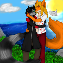 anthro duo grass hug lake love male male/male outside plant rock romantic romantic_couple sun tail alizabeth_shepherd canid canine canis dingo mammal procyonid raccoon 1:1 colorful_theme