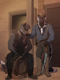 anthro belt biped boots box clothed clothed_male clothing container cowboy crate door duo footwear gun hand_on_shoulder hat headgear headwear holster holstered_gun kerchief lasso looking_at_viewer male male_anthro neckerchief neckwear open_clothing open_shirt open_topwear open_vest pin_stripes porch ranged_weapon rifle shirt shoes sitting standing suspenders topwear vest weapon western wild_west window druidogger judas_hartley saul_turrill canid canine canis hybrid mammal mustelid polecat_(mustelid) wolfdog 2024 3:4 hi_res