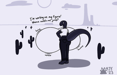 anthro big_breasts black_body bottomwear breasts cactus clothing exclamation_point female huge_breasts hyper hyper_breasts looking_at_viewer looking_back non-mammal_breasts onomatopoeia open_mouth pants plant question_mark shirt solo sound_effects text topwear mattthetooncat google google_chrome dinosaur_(google_chrome) dinosaur prehistoric_species reptile scalie english_text hi_res