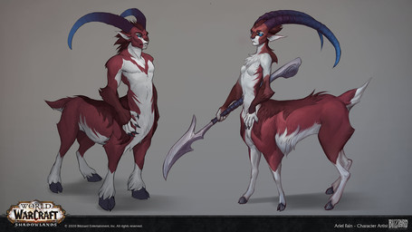 breasts claws duo female fur grey_background holding_melee_weapon holding_object holding_polearm holding_weapon hooves horn male melee_weapon navel nude polearm red_body red_fur simple_background standing tail weapon ariel_fain blizzard_entertainment warcraft deer deer_taur mammal mammal_taur taur 16:9 digital_media_(artwork) hi_res official_art widescreen